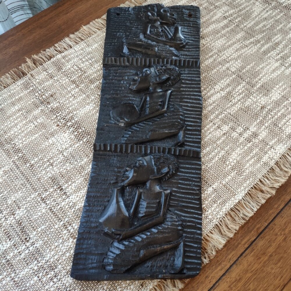 African Wooden Artwork Plaque Hand Carved VTG Wood Wall Art 16.75"